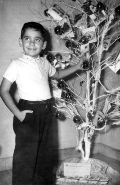 Mi hermano Santiago frente al árbol de Navidad